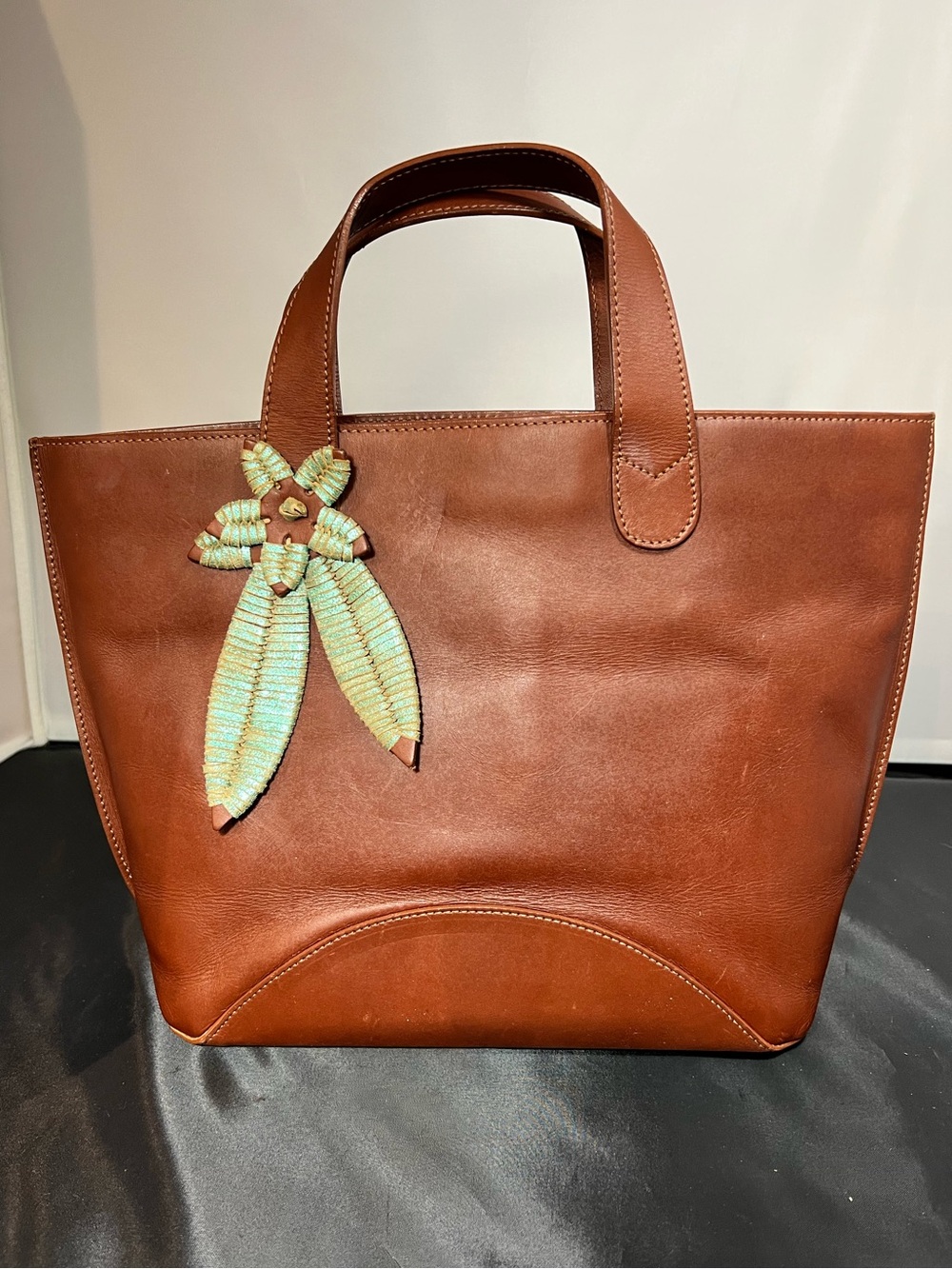 Designer Couture Brown Leather Bucket Handbag w/ Turquoise Flower Made in Italy